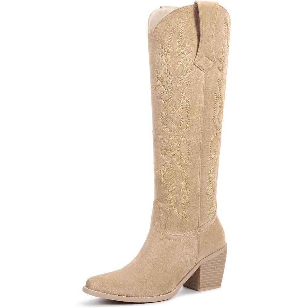 Women's Suede Apricot Faux Leather Pointed Toe Cowboy Boots Side Zipper